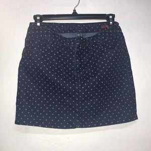 blue and white polka dot jean skirt